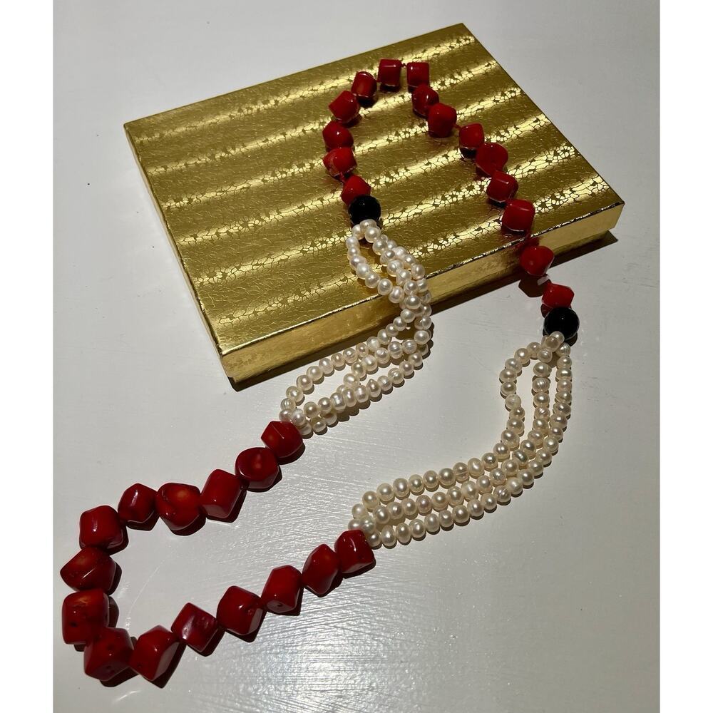 Vintage Pearl And Coral Long Necklace